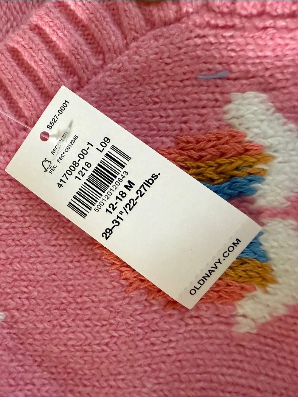 NWT-Old Navy Pink Knit Cardigan with Rainbow Detail-size 12-18 months
